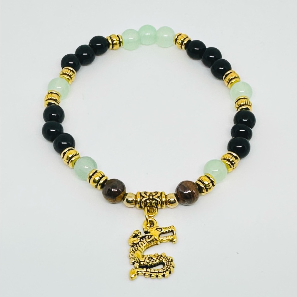 Handmade Golden Dragon Beaded Bracelet Tiger Eyes Black Green Gold 6mm